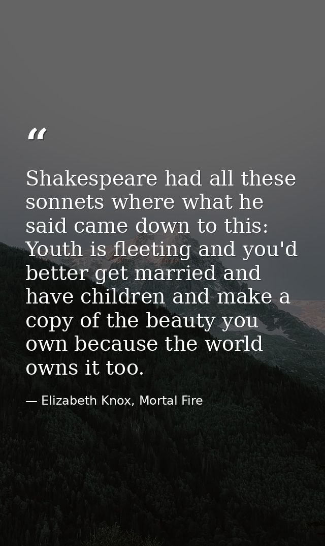 Shakespeare had all these sonnets where what he said came down to this: Youth is fleeting and you'd better get married a — Elizabeth Knox, Mortal Fire