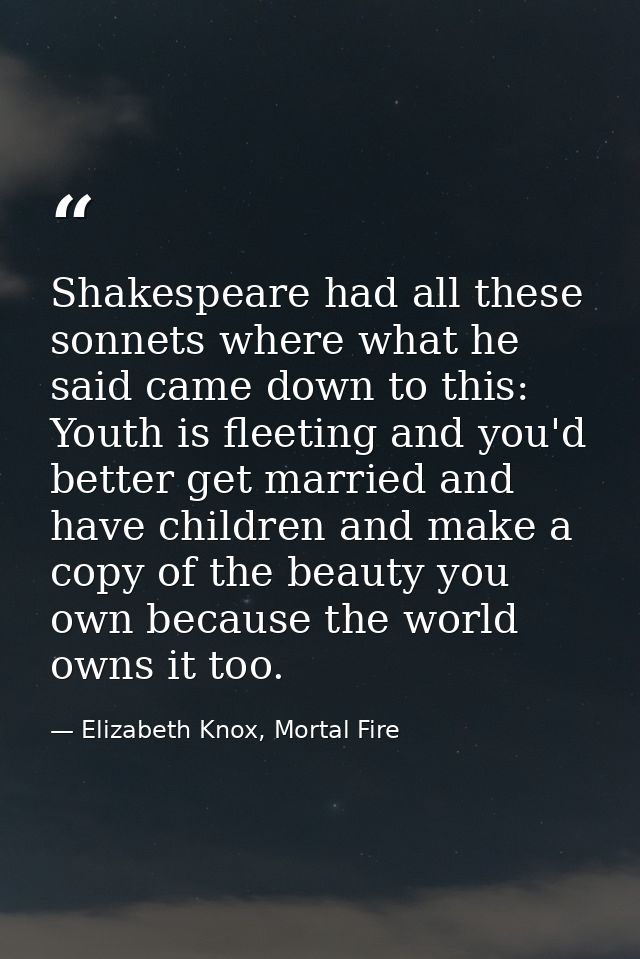 Shakespeare had all these sonnets where what he said came down to this: Youth is fleeting and you'd better get married a — Elizabeth Knox, Mortal Fire
