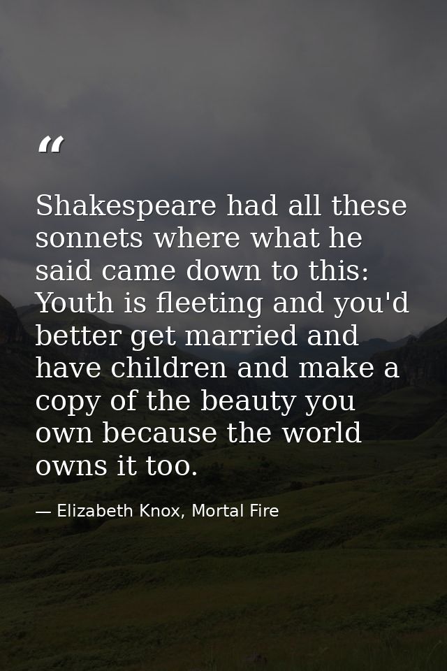 Shakespeare had all these sonnets where what he said came down to this: Youth is fleeting and you'd better get married a — Elizabeth Knox, Mortal Fire