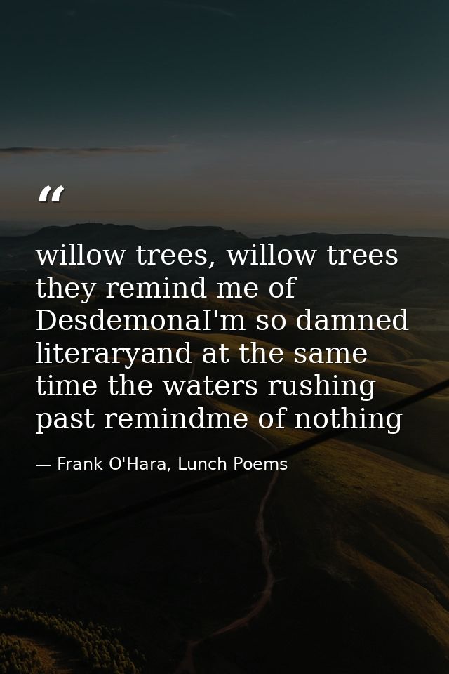willow trees, willow trees they remind me of DesdemonaI'm so damned literaryand at the same time the waters rushing past — Frank O'Hara, Lunch Poems