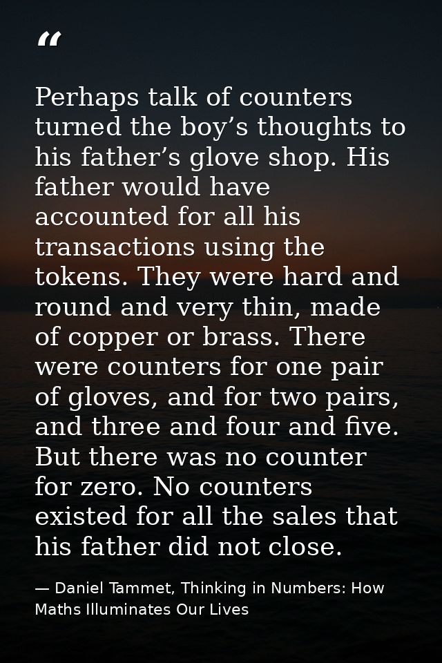 Perhaps talk of counters turned the boy’s thoughts to his father’s glove shop. His father would have accounted for all h — Daniel Tammet, Thinking in Numbers: How Maths Illuminates Our Lives