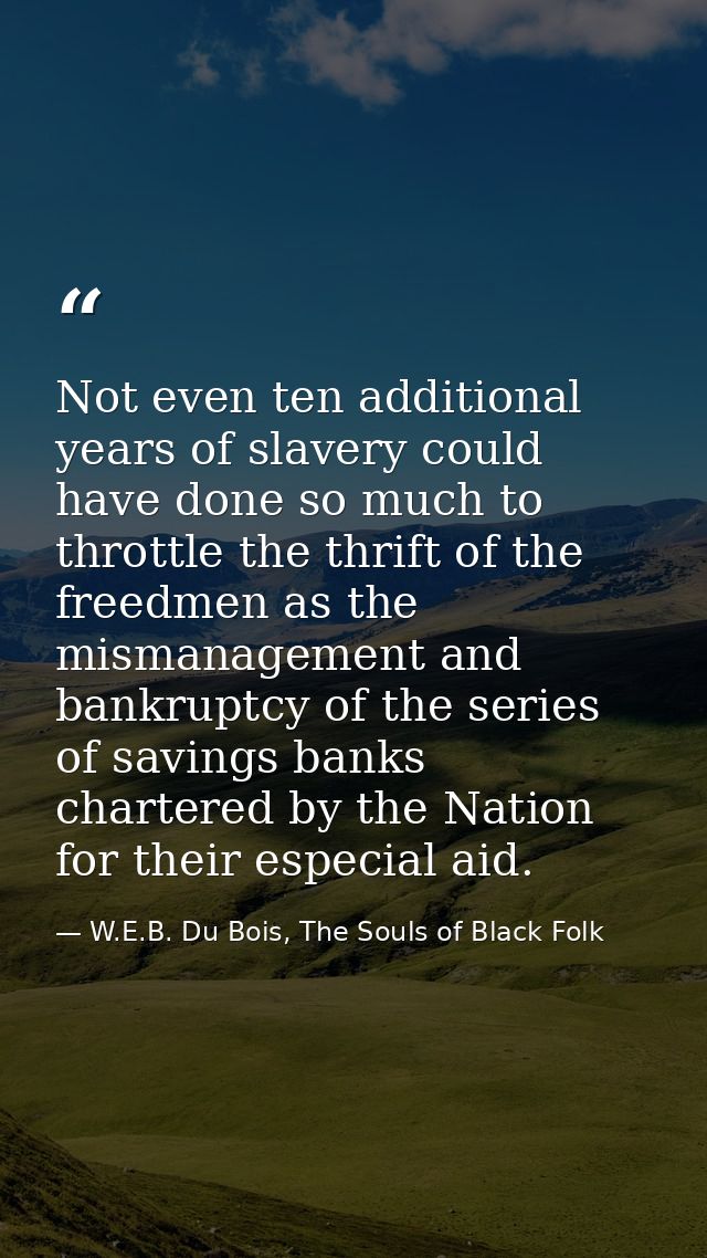 Not even ten additional years of slavery could have done so much to throttle the thrift of the freedmen as the mismanage — W.E.B. Du Bois, The Souls of Black Folk