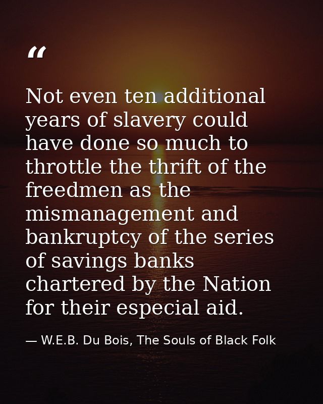 Not even ten additional years of slavery could have done so much to throttle the thrift of the freedmen as the mismanage — W.E.B. Du Bois, The Souls of Black Folk