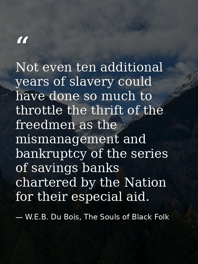 Not even ten additional years of slavery could have done so much to throttle the thrift of the freedmen as the mismanage — W.E.B. Du Bois, The Souls of Black Folk