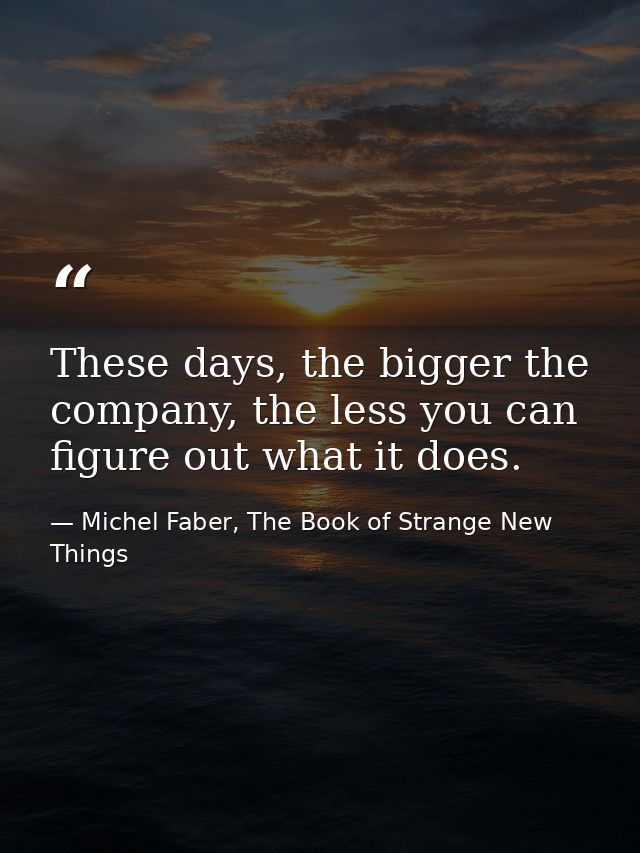 These days, the bigger the company, the less you can figure out what it does. — Michel Faber, The Book of Strange New Things