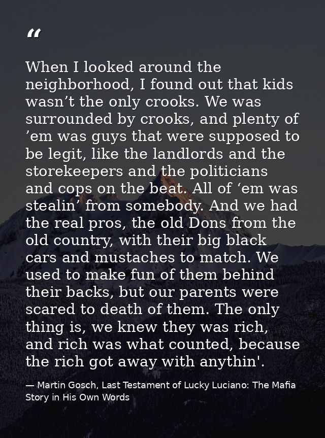 When I looked around the neighborhood, I found out that kids wasn’t the only crooks. We was surrounded by crooks, and pl — Martin Gosch, Last Testament of Lucky Luciano: The Mafia Story in His Own Words