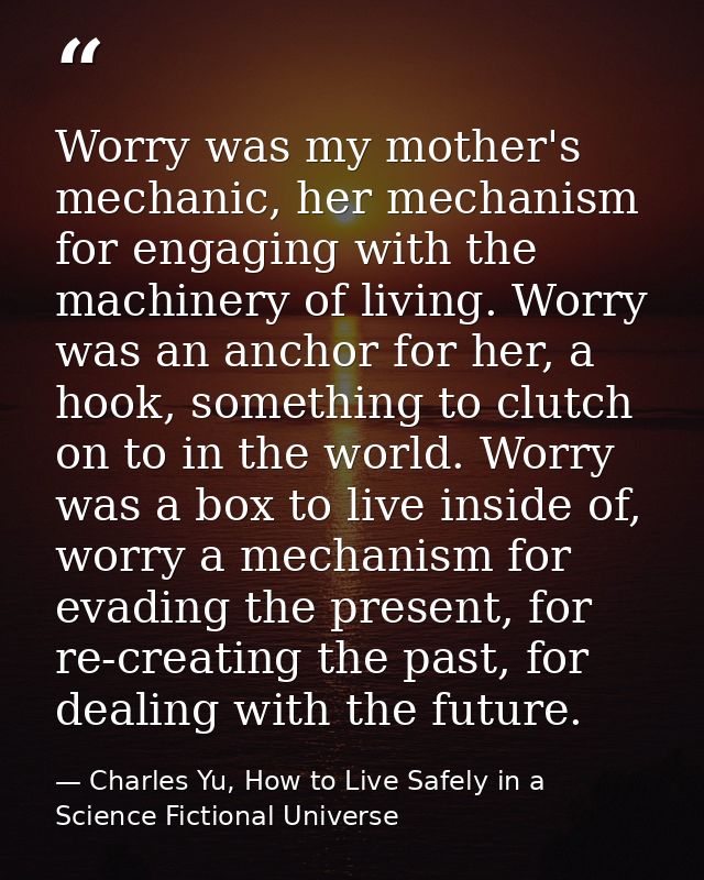 Worry was my mother's mechanic, her mechanism for engaging with the machinery of living. Worry was an anchor for her, a  — Charles Yu, How to Live Safely in a Science Fictional Universe