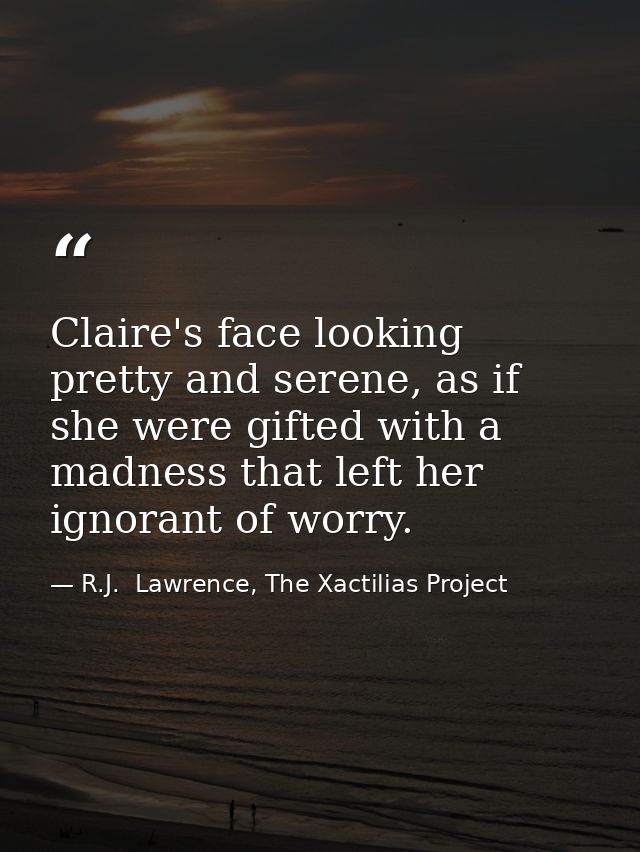 Claire's face looking pretty and serene, as if she were gifted with a madness that left her ignorant of worry. — R.J.  Lawrence, The Xactilias Project