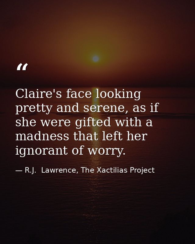 Claire's face looking pretty and serene, as if she were gifted with a madness that left her ignorant of worry. — R.J.  Lawrence, The Xactilias Project