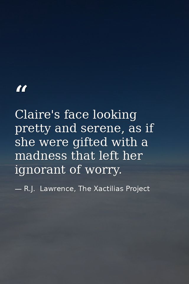 Claire's face looking pretty and serene, as if she were gifted with a madness that left her ignorant of worry. — R.J.  Lawrence, The Xactilias Project