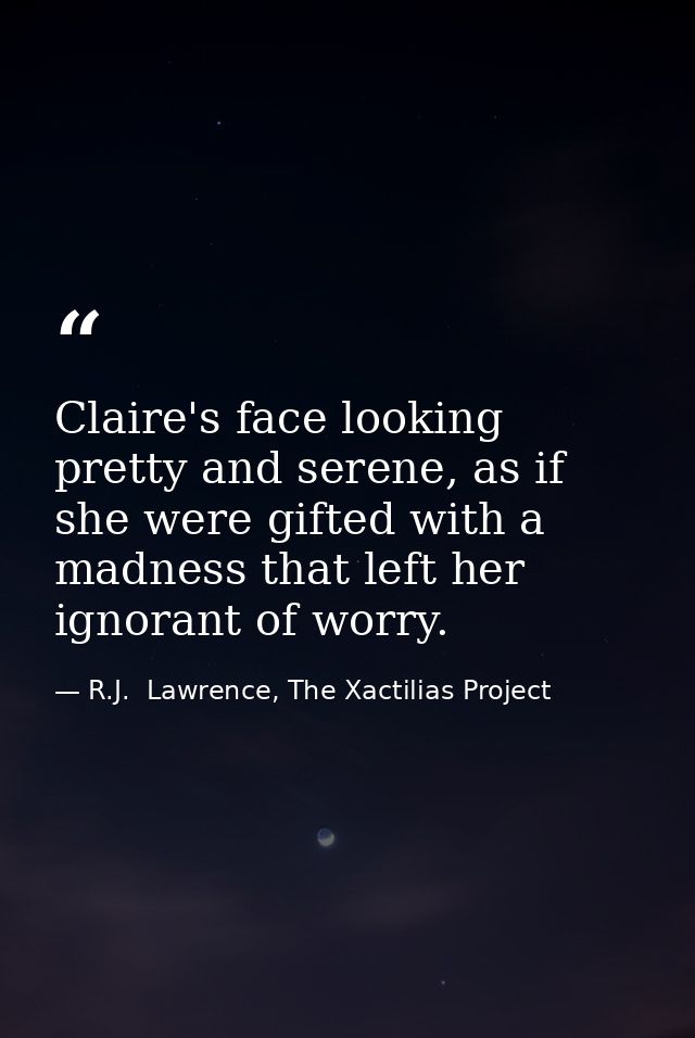 Claire's face looking pretty and serene, as if she were gifted with a madness that left her ignorant of worry. — R.J.  Lawrence, The Xactilias Project