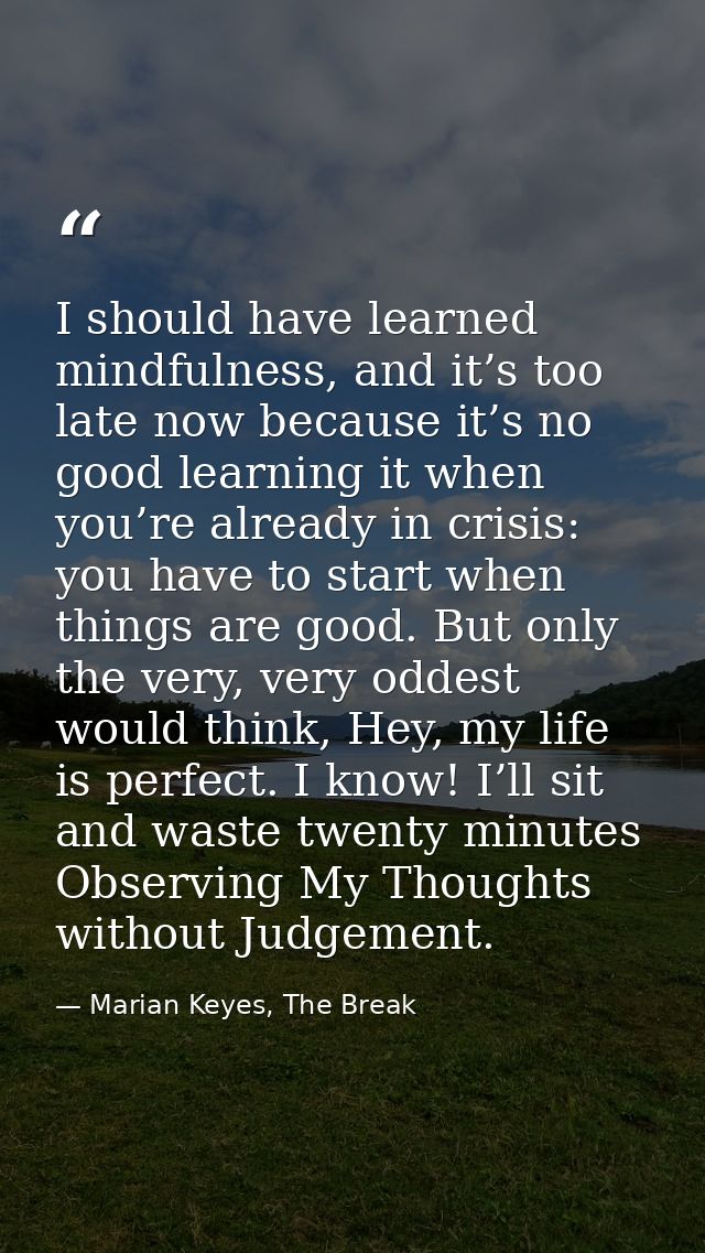 I should have learned mindfulness, and it’s too late now because it’s no good learning it when you’re already in crisis: — Marian Keyes, The Break