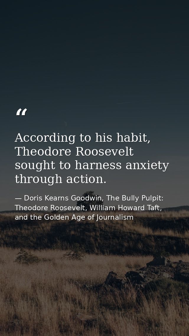 According to his habit, Theodore Roosevelt sought to harness anxiety through action. — Doris Kearns Goodwin, The Bully Pulpit: Theodore Roosevelt, William Howard Taft, and the Golden Age of Journalism