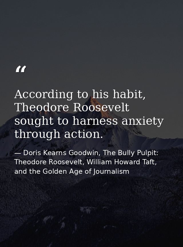 According to his habit, Theodore Roosevelt sought to harness anxiety through action. — Doris Kearns Goodwin, The Bully Pulpit: Theodore Roosevelt, William Howard Taft, and the Golden Age of Journalism