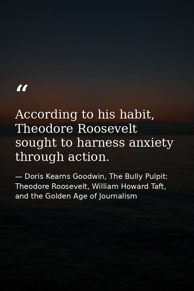 According to his habit, Theodore Roosevelt sought to harness anxiety through action. — Doris Kearns Goodwin, The Bully Pulpit: Theodore Roosevelt, William Howard Taft, and the Golden Age of Journalism