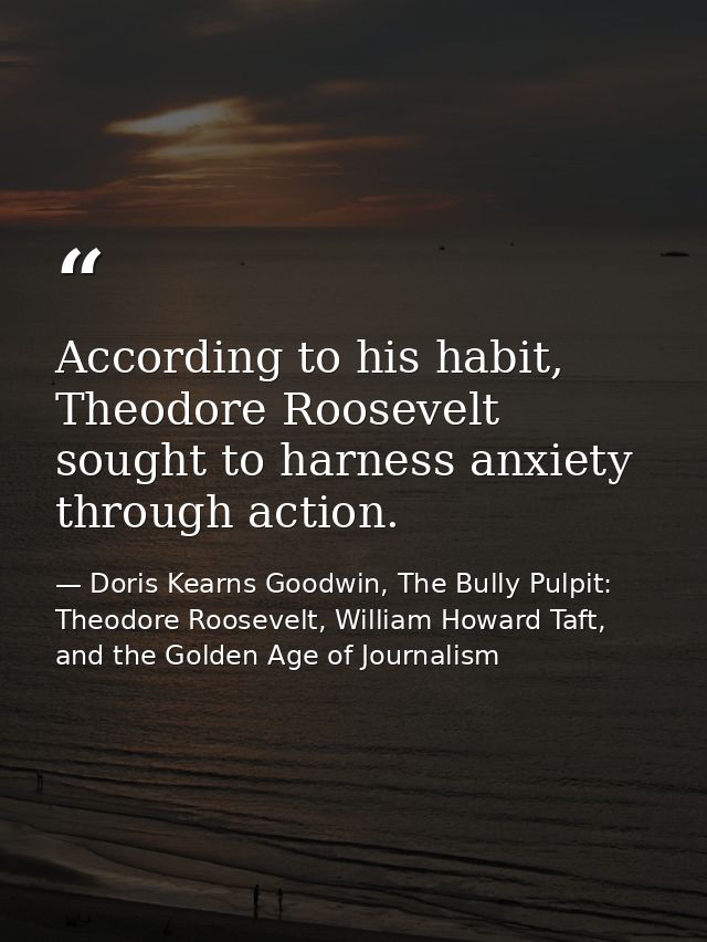 According to his habit, Theodore Roosevelt sought to harness anxiety through action. — Doris Kearns Goodwin, The Bully Pulpit: Theodore Roosevelt, William Howard Taft, and the Golden Age of Journalism