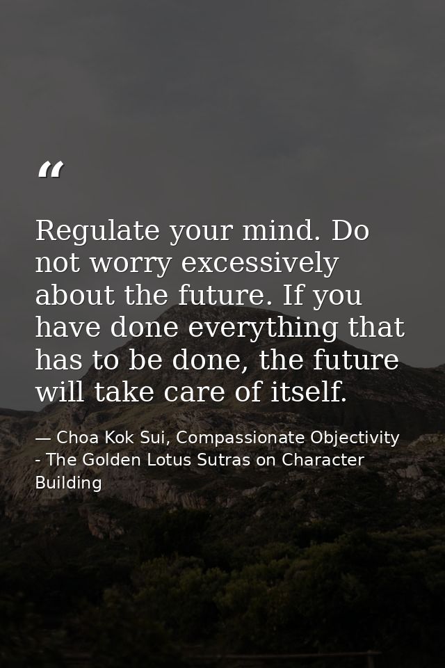 Regulate your mind. Do not worry excessively about the future. If you have done everything that has to be done, the futu — Choa Kok Sui, Compassionate Objectivity - The Golden Lotus Sutras on Character Building