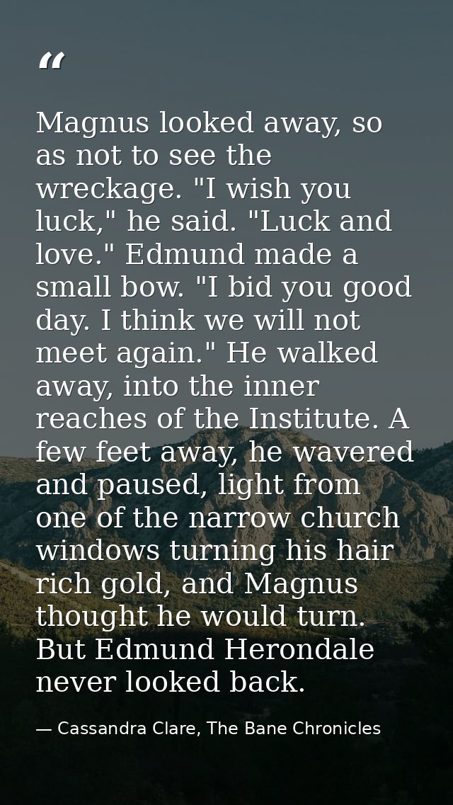 Magnus looked away, so as not to see the wreckage. "I wish you luck," he said. "Luck and love." Edmund made a small bow. — Cassandra Clare, The Bane Chronicles