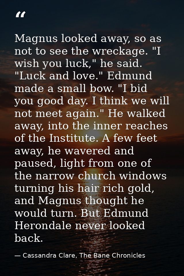 Magnus looked away, so as not to see the wreckage. "I wish you luck," he said. "Luck and love." Edmund made a small bow. — Cassandra Clare, The Bane Chronicles