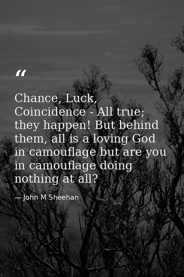 Chance, Luck, Coincidence - All true; they happen! But behind them, all is a loving God in camouflage but are you in cam — John M Sheehan
