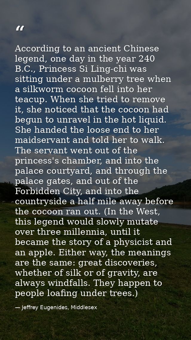 According to an ancient Chinese legend, one day in the year 240 B.C., Princess Si Ling-chi was sitting under a mulberry  — Jeffrey Eugenides, Middlesex