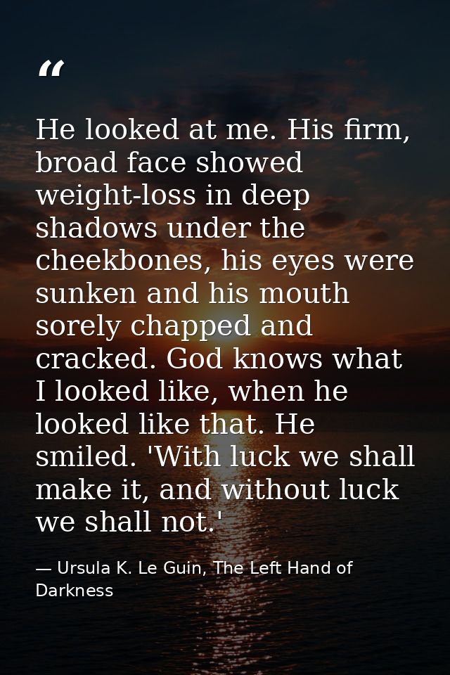 He looked at me. His firm, broad face showed weight-loss in deep shadows under the cheekbones, his eyes were sunken and  — Ursula K. Le Guin, The Left Hand of Darkness