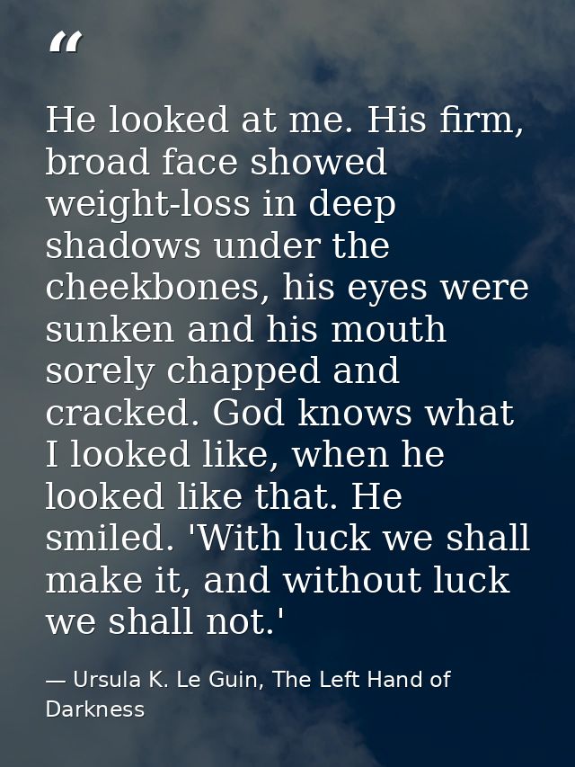 He looked at me. His firm, broad face showed weight-loss in deep shadows under the cheekbones, his eyes were sunken and  — Ursula K. Le Guin, The Left Hand of Darkness