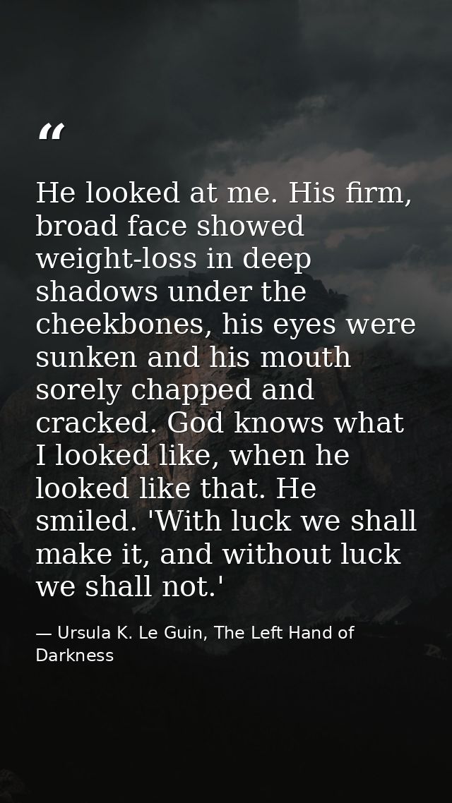He looked at me. His firm, broad face showed weight-loss in deep shadows under the cheekbones, his eyes were sunken and  — Ursula K. Le Guin, The Left Hand of Darkness
