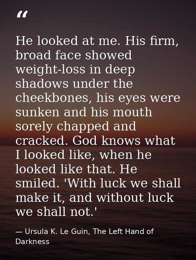 He looked at me. His firm, broad face showed weight-loss in deep shadows under the cheekbones, his eyes were sunken and  — Ursula K. Le Guin, The Left Hand of Darkness