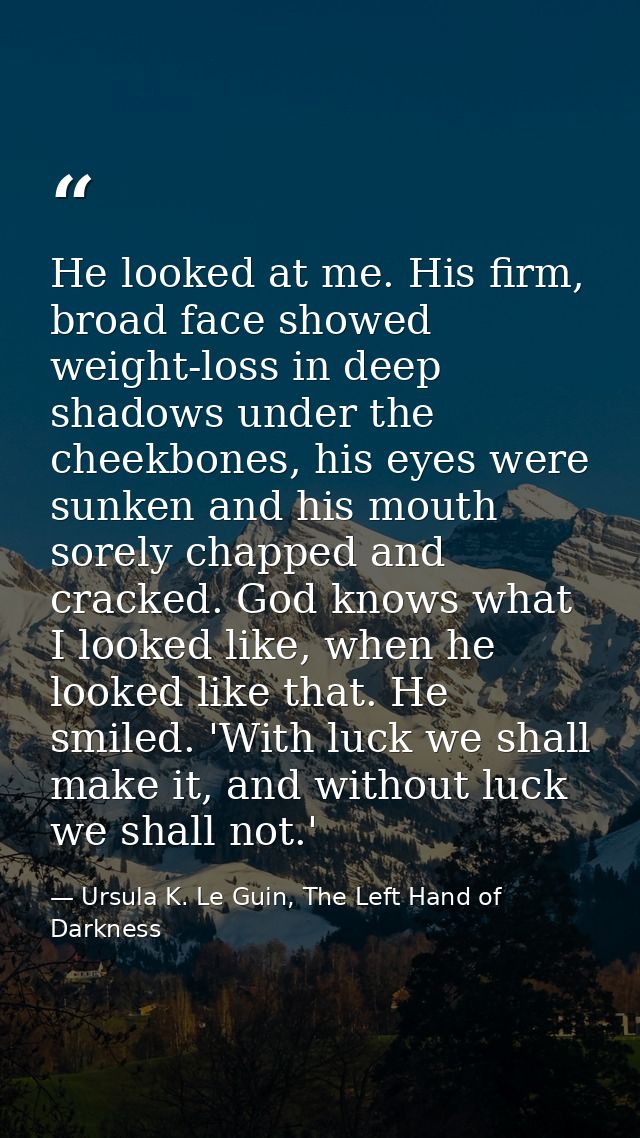 He looked at me. His firm, broad face showed weight-loss in deep shadows under the cheekbones, his eyes were sunken and  — Ursula K. Le Guin, The Left Hand of Darkness