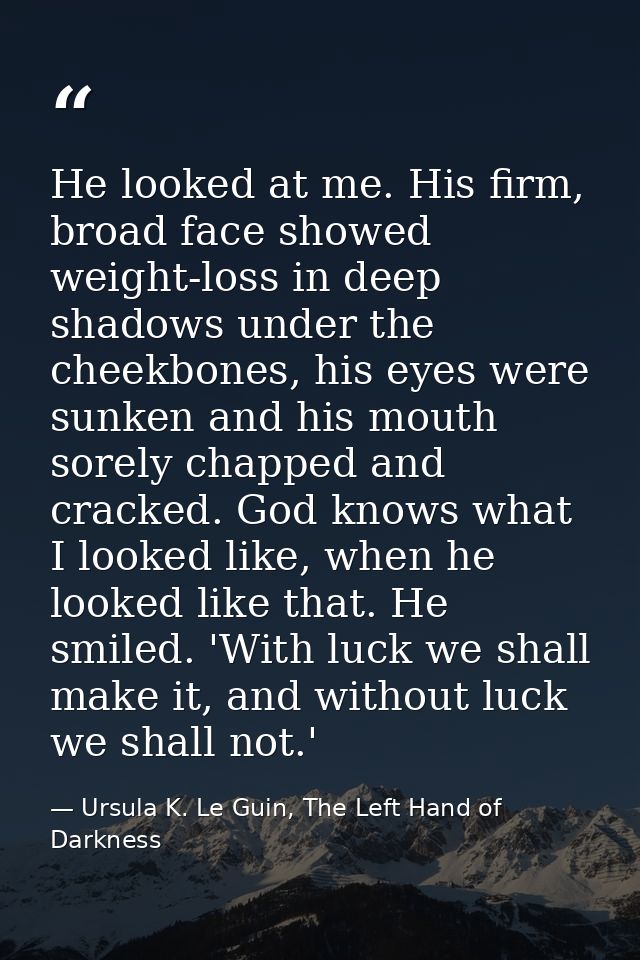 He looked at me. His firm, broad face showed weight-loss in deep shadows under the cheekbones, his eyes were sunken and  — Ursula K. Le Guin, The Left Hand of Darkness