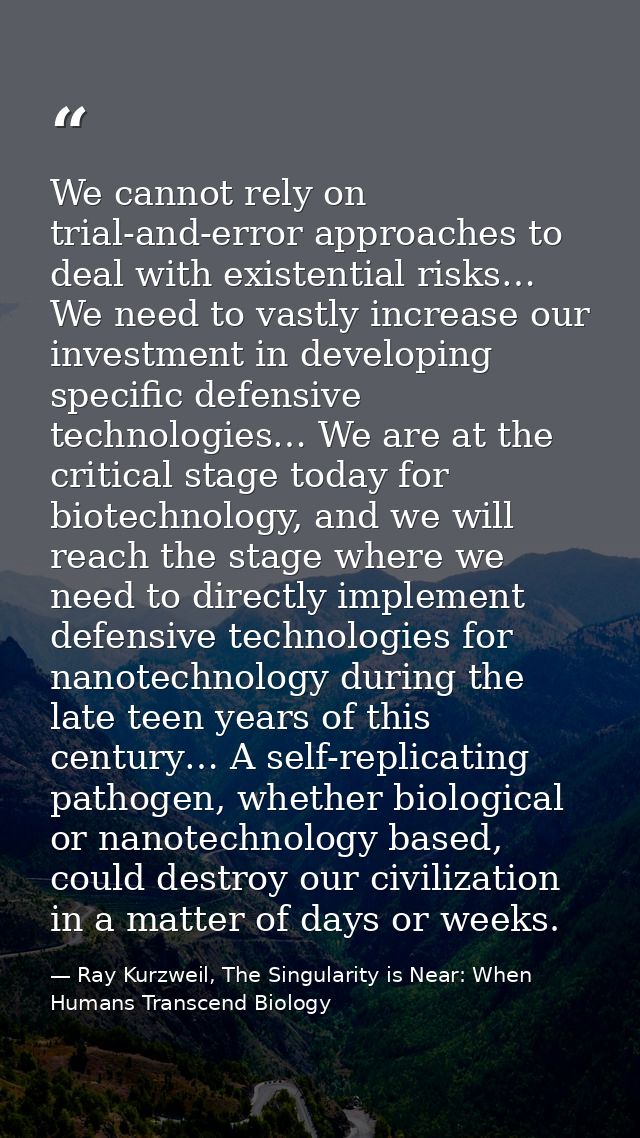 We cannot rely on trial-and-error approaches to deal with existential risks… We need to vastly increase our investment i — Ray Kurzweil, The Singularity is Near: When Humans Transcend Biology