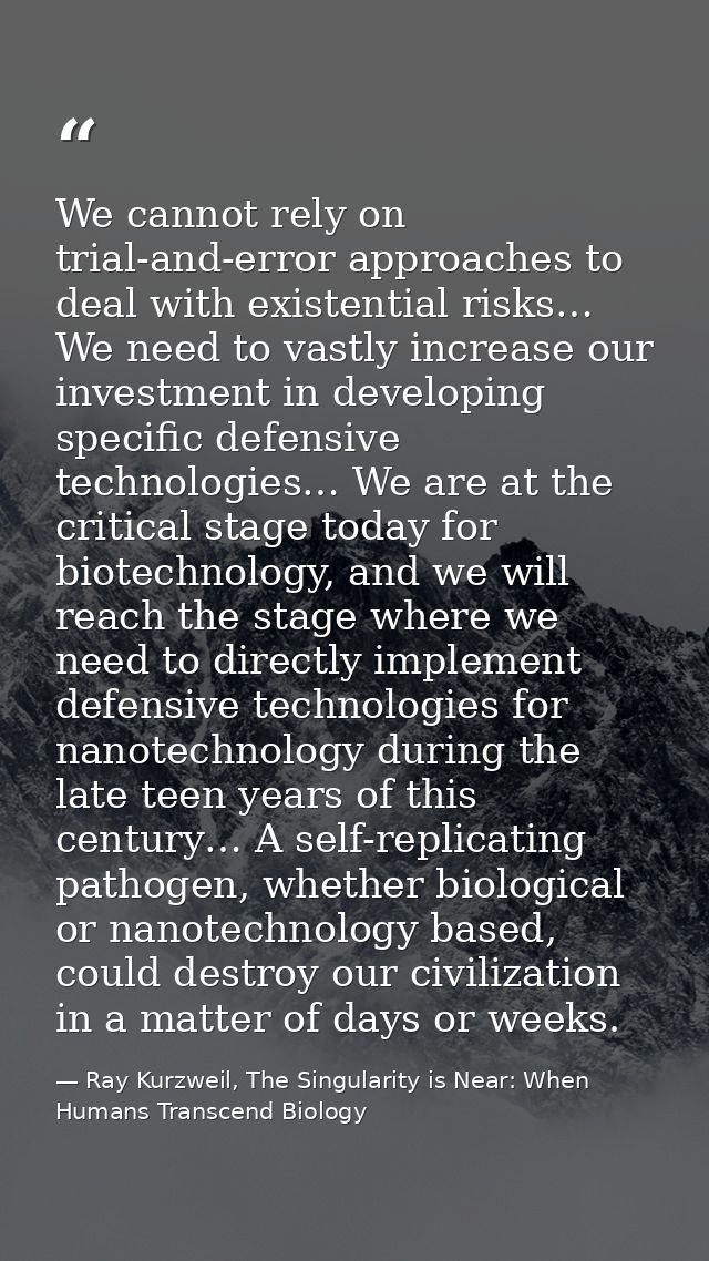 We cannot rely on trial-and-error approaches to deal with existential risks… We need to vastly increase our investment i — Ray Kurzweil, The Singularity is Near: When Humans Transcend Biology