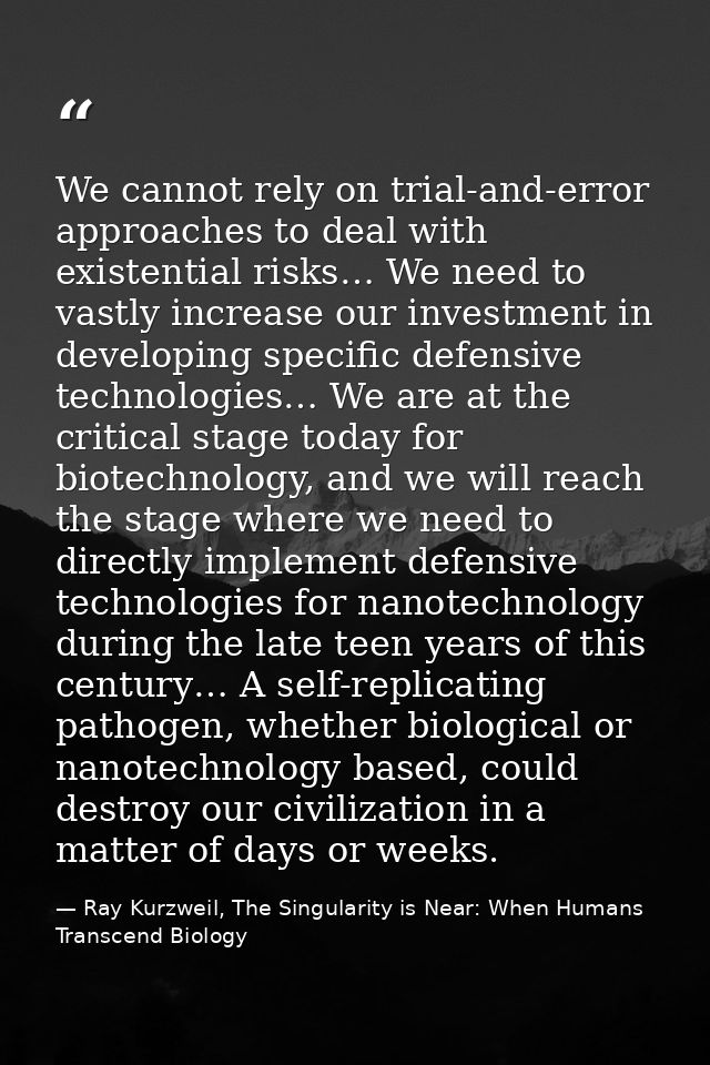 We cannot rely on trial-and-error approaches to deal with existential risks… We need to vastly increase our investment i — Ray Kurzweil, The Singularity is Near: When Humans Transcend Biology