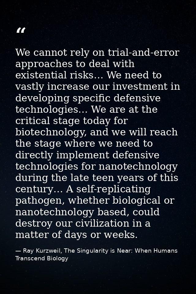 We cannot rely on trial-and-error approaches to deal with existential risks… We need to vastly increase our investment i — Ray Kurzweil, The Singularity is Near: When Humans Transcend Biology