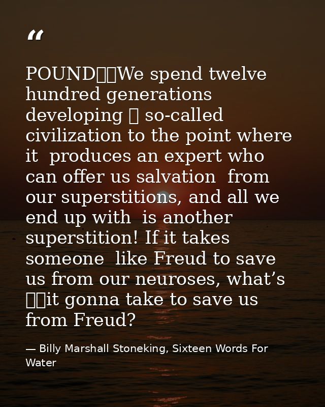 POUND		We spend twelve hundred generations developing 	 so-called civilization to the point where it  produces an expert — Billy Marshall Stoneking, Sixteen Words For Water