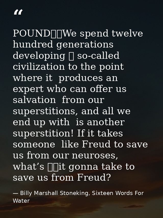 POUND		We spend twelve hundred generations developing 	 so-called civilization to the point where it  produces an expert — Billy Marshall Stoneking, Sixteen Words For Water
