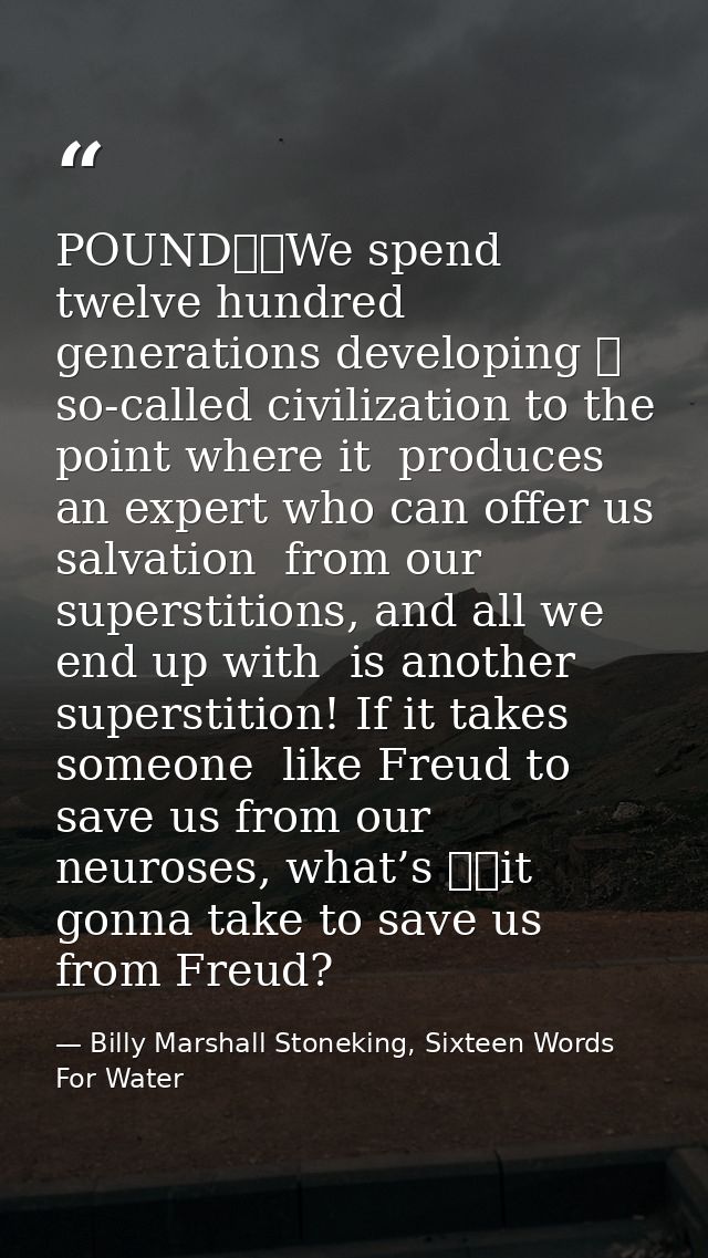 POUND		We spend twelve hundred generations developing 	 so-called civilization to the point where it  produces an expert — Billy Marshall Stoneking, Sixteen Words For Water