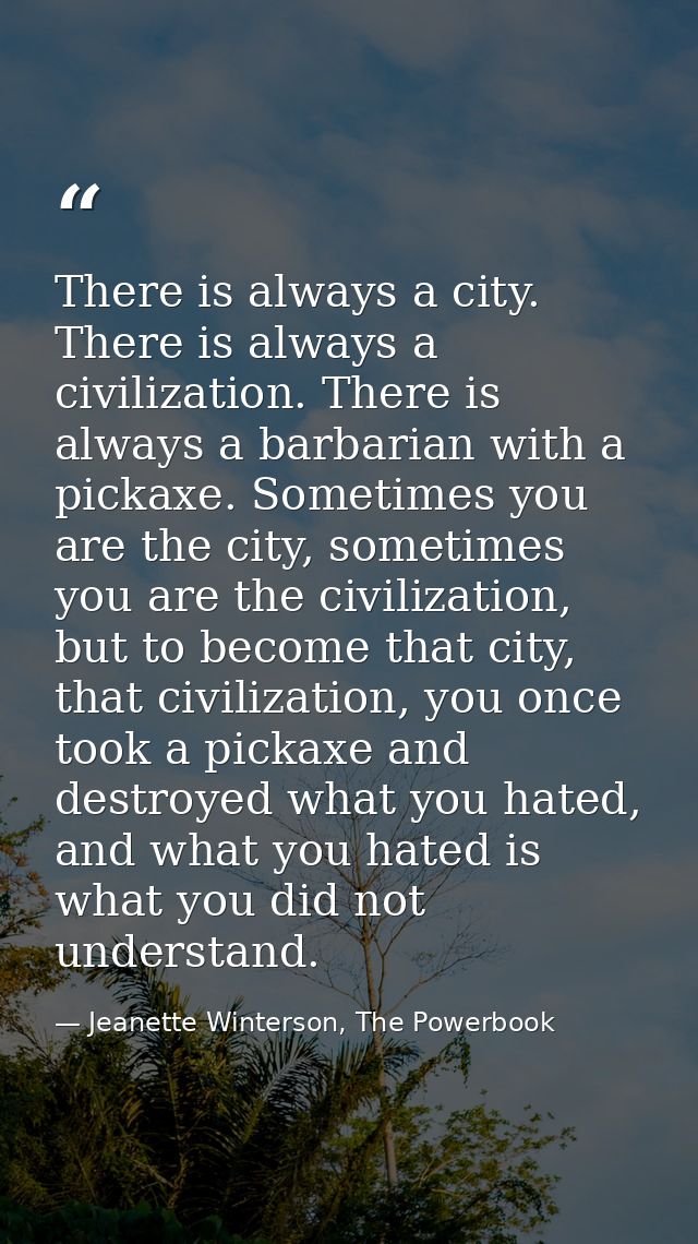 There is always a city. There is always a civilization. There is always a barbarian with a pickaxe. Sometimes you are th — Jeanette Winterson, The Powerbook