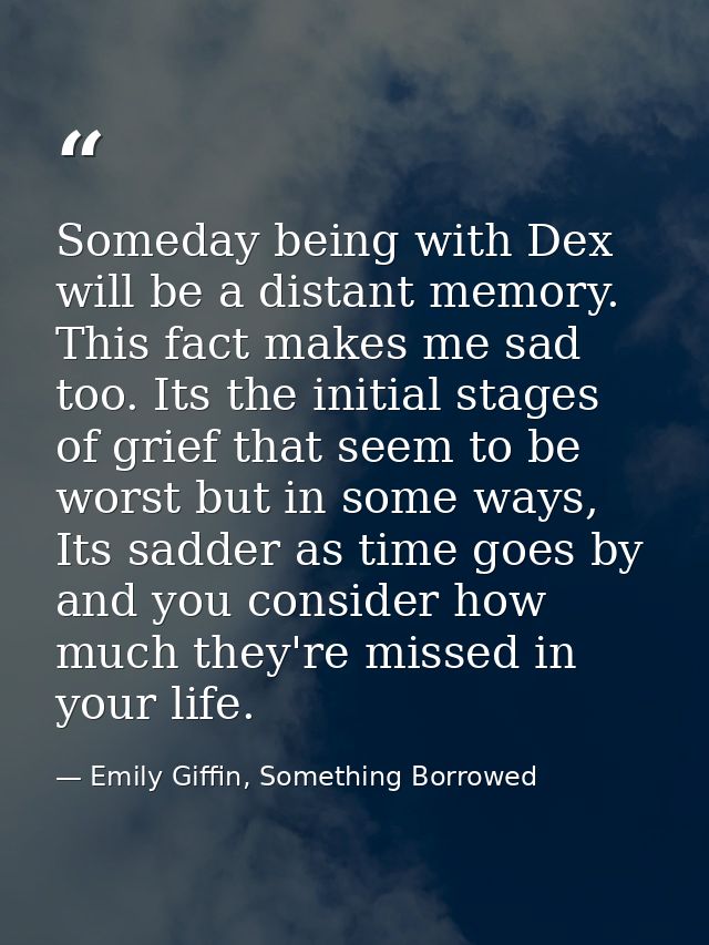 Someday being with Dex will be a distant memory. This fact makes me sad too. Its the initial stages of grief that seem t — Emily Giffin, Something Borrowed
