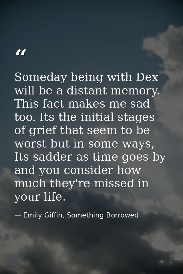 Someday being with Dex will be a distant memory. This fact makes me sad too. Its the initial stages of grief that seem t — Emily Giffin, Something Borrowed