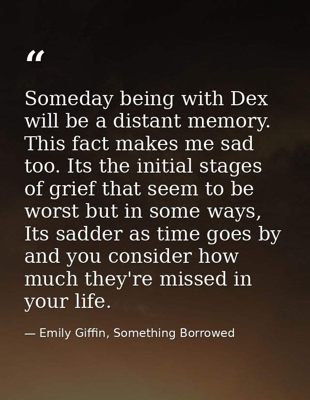 Someday being with Dex will be a distant memory. This fact makes me sad too. Its the initial stages of grief that seem t — Emily Giffin, Something Borrowed