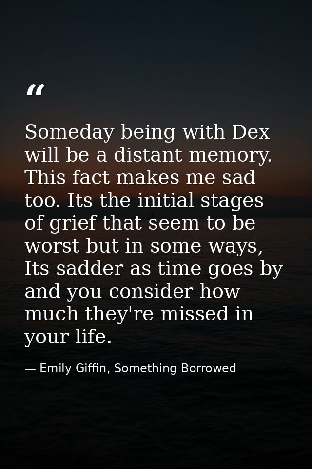 Someday being with Dex will be a distant memory. This fact makes me sad too. Its the initial stages of grief that seem t — Emily Giffin, Something Borrowed