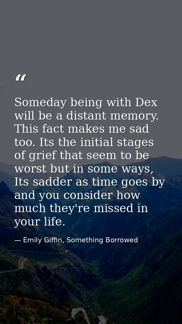 Someday being with Dex will be a distant memory. This fact makes me sad too. Its the initial stages of grief that seem t — Emily Giffin, Something Borrowed