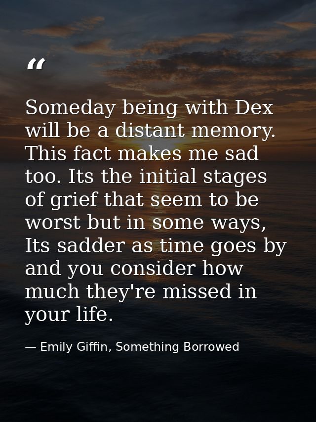 Someday being with Dex will be a distant memory. This fact makes me sad too. Its the initial stages of grief that seem t — Emily Giffin, Something Borrowed