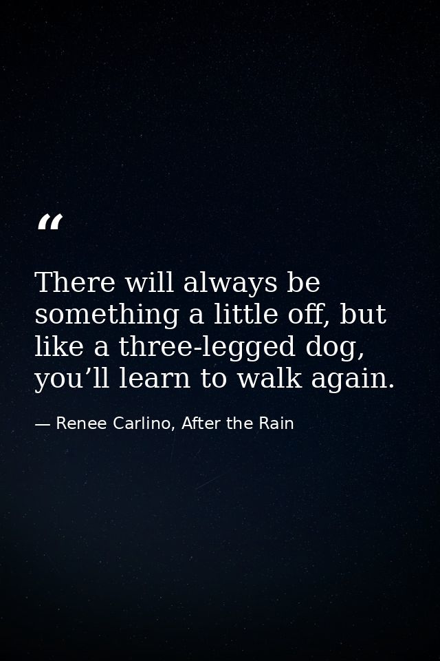 There will always be something a little off, but like a three-legged dog, you’ll learn to walk again. — Renee Carlino, After the Rain