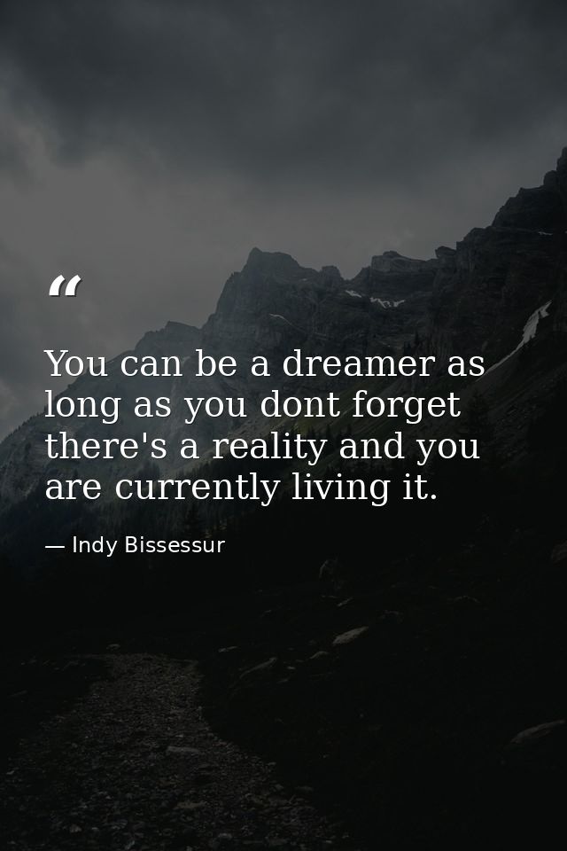 You can be a dreamer as long as you dont forget there's a reality and you are currently living it. — Indy Bissessur