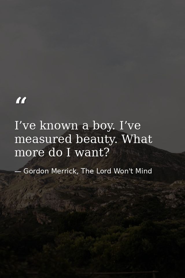 I’ve known a boy. I’ve measured beauty. What more do I want? — Gordon Merrick, The Lord Won't Mind
