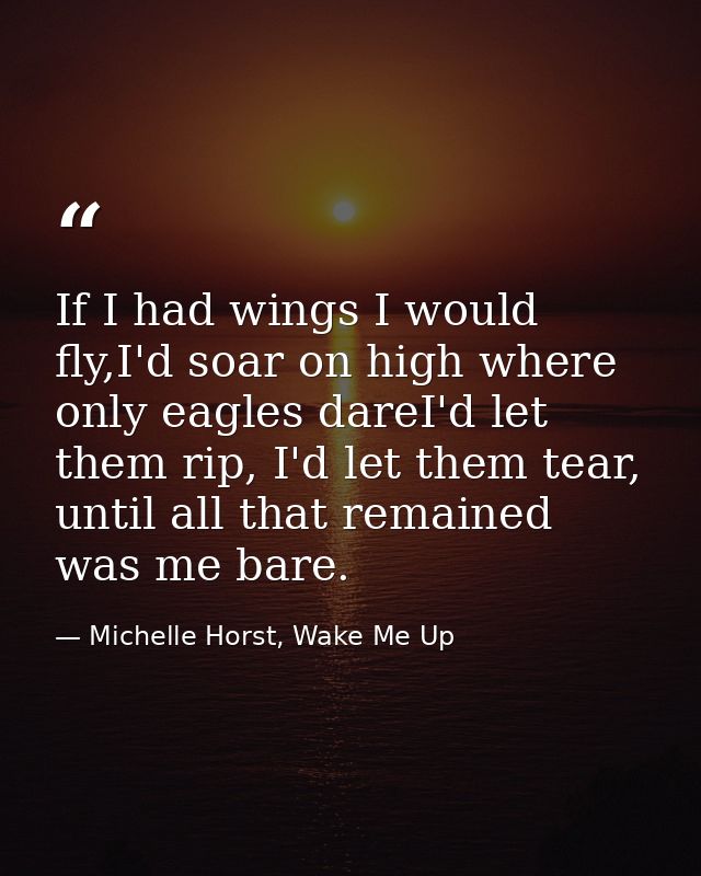 If I had wings I would fly,I'd soar on high where only eagles dareI'd let them rip, I'd let them tear, until all that re — Michelle Horst, Wake Me Up