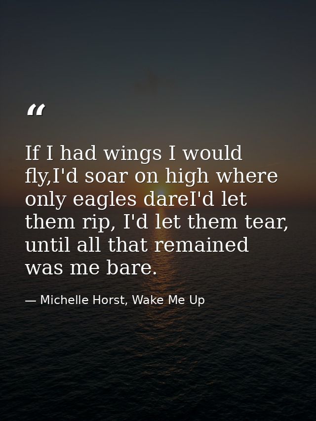 If I had wings I would fly,I'd soar on high where only eagles dareI'd let them rip, I'd let them tear, until all that re — Michelle Horst, Wake Me Up